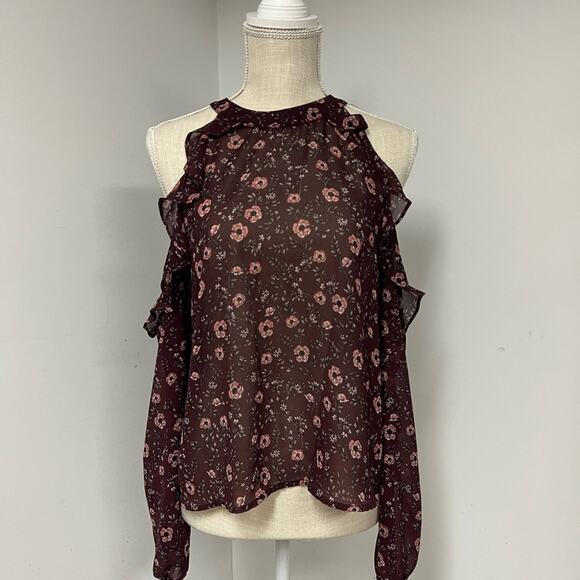 Cold Shoulder Maroon Floral Blouse - Picture 2 of 5